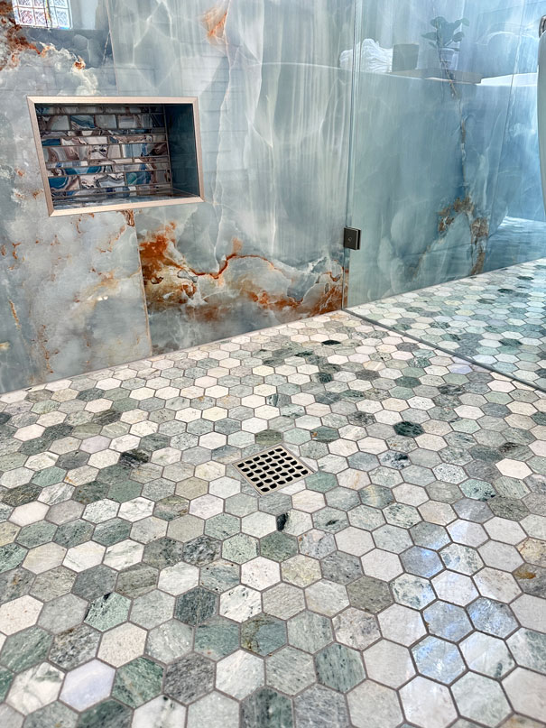 Expertly installed shower niche for a clutter-free look in a new bathroom in Gilbert, Arizona.