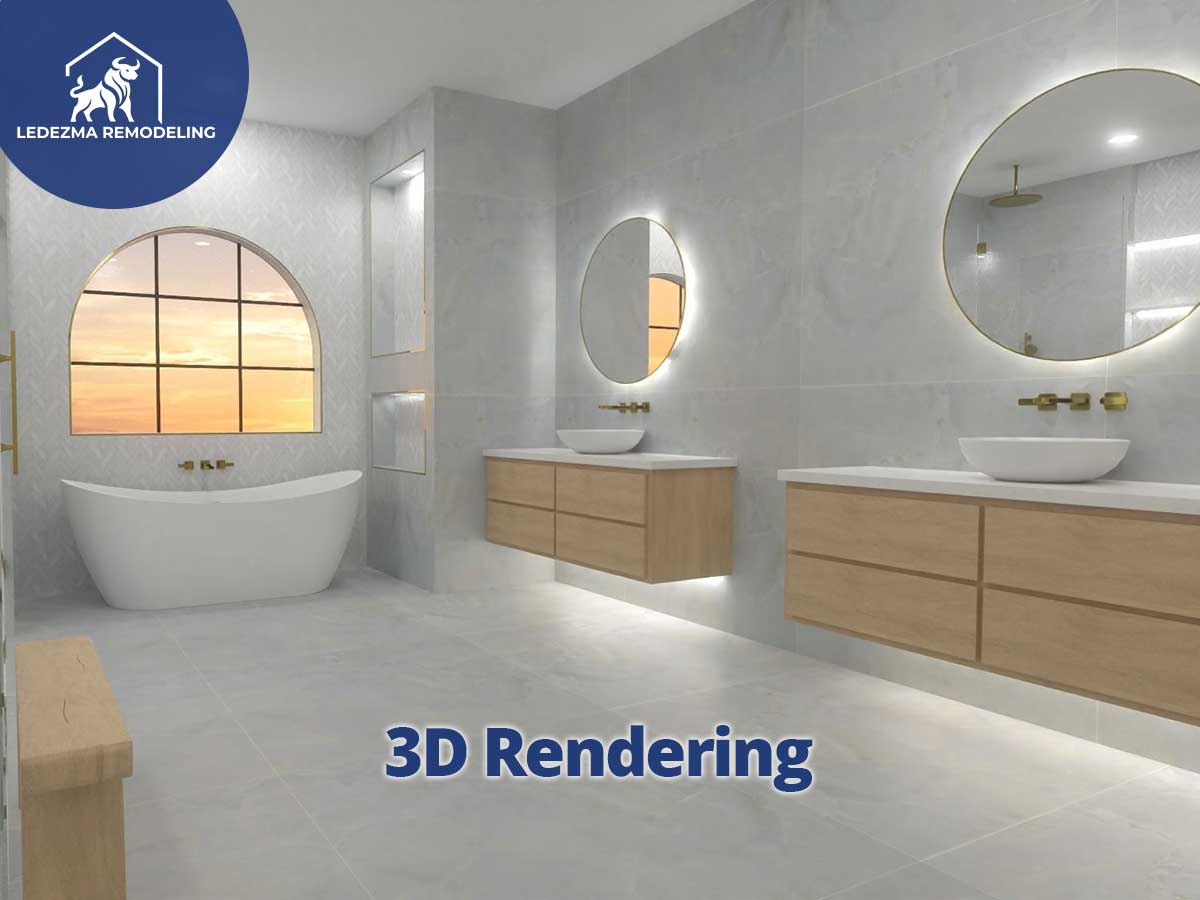 3D rendering of a bathroom design showing a seamlessly integrated shower niche, maximizing storage in a Gilbert, AZ home.