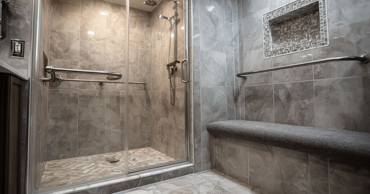 Accessible shower conversion in Mesa, AZ, showing a new walk-in shower with a seat and grab bars.